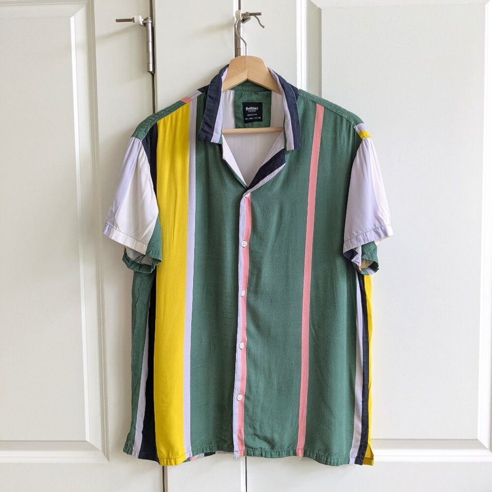 Outfitters Shirt Men L Colorblock Stripes Retro Viscose Bowling Camp Button Up